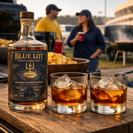 Tailgate Spirits LLC West Virginia Blue Lot bourbon bottle with pours cookout