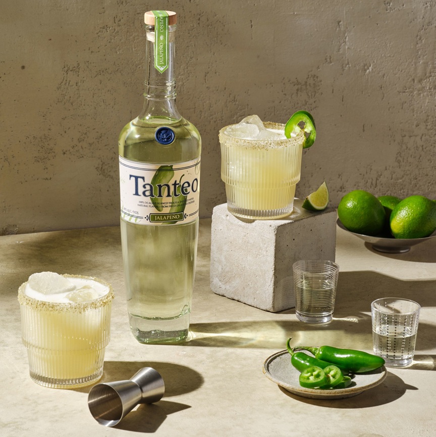 Tanteo Tequila Jalapeno bottle with margaritas