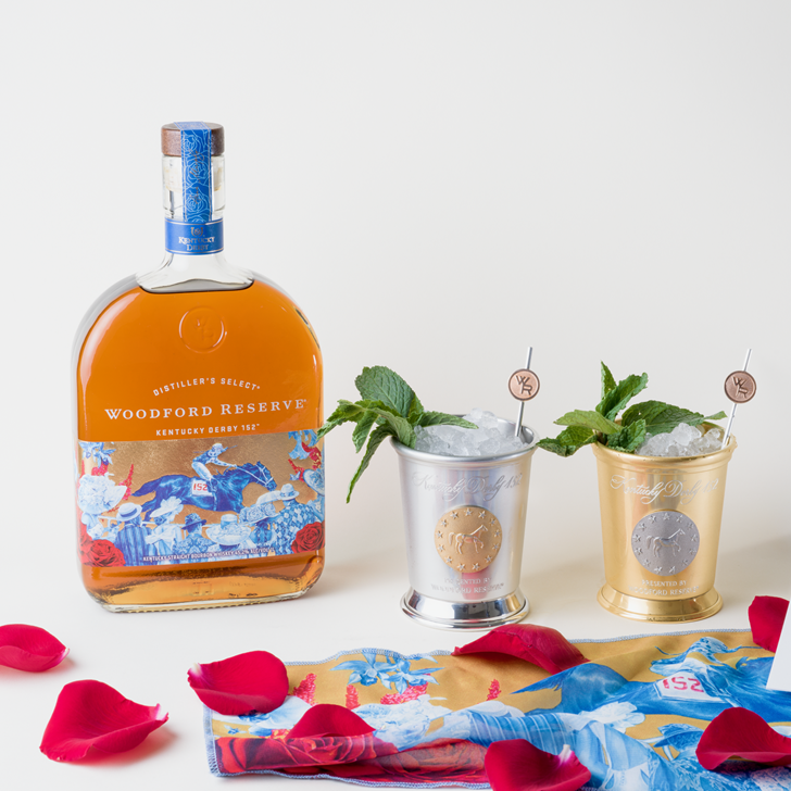 Woodford Reserve Mint Julep Charity Cup 2026 with bottle and rose petals