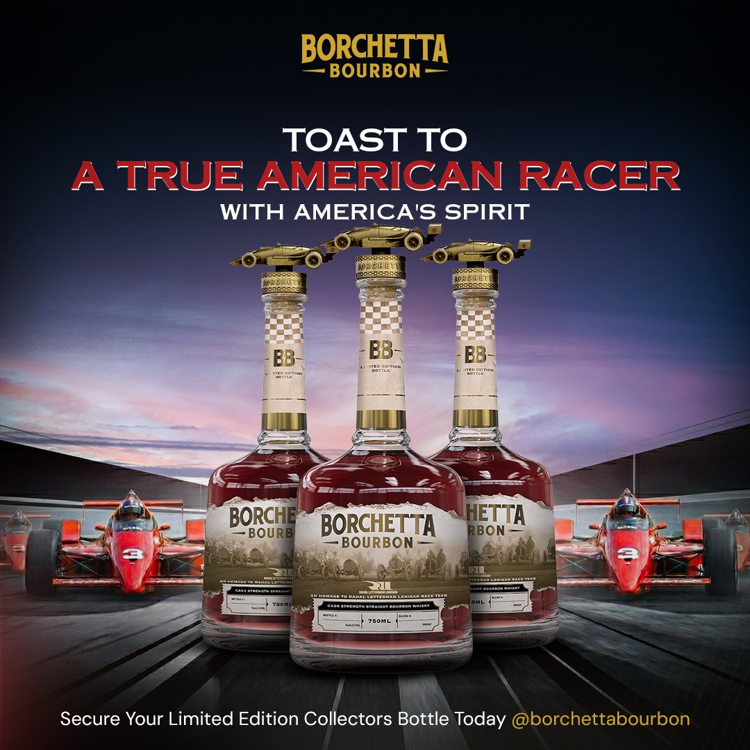 Borchetta Bourbon ad with bottles and Indy cars