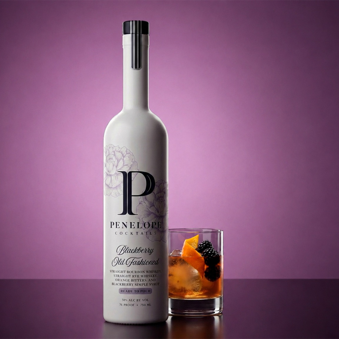 Penelope Blackberry RTD Old Fashioned bottle with cocktail