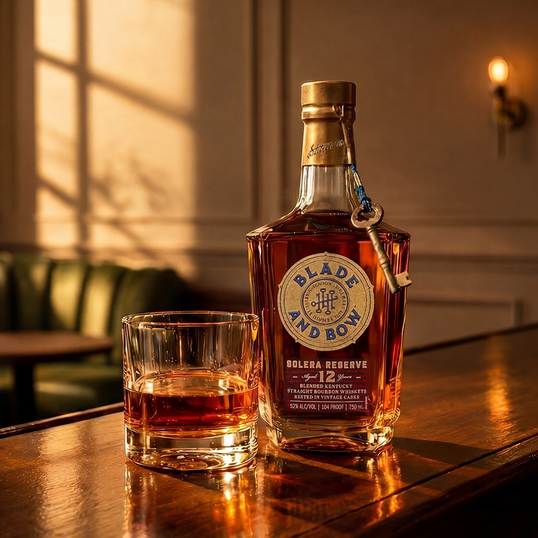 Blade and Bow 12 Year Solera Reserve bottle and glass on bar