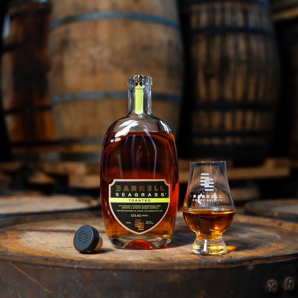 Barrell Toasted Seagrass bottle and pour on barrel