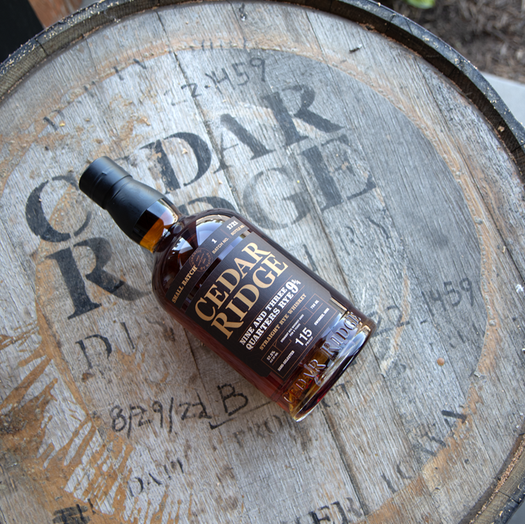 Cedar Ridge Nine and Three Quarters Rye bottle on barrel