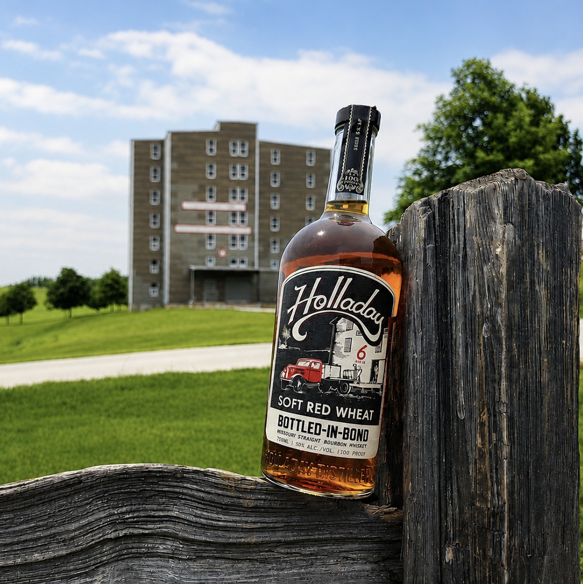 Holladay_Soft_Red_Wheat_Bourbon bottle on fence with rickhouse