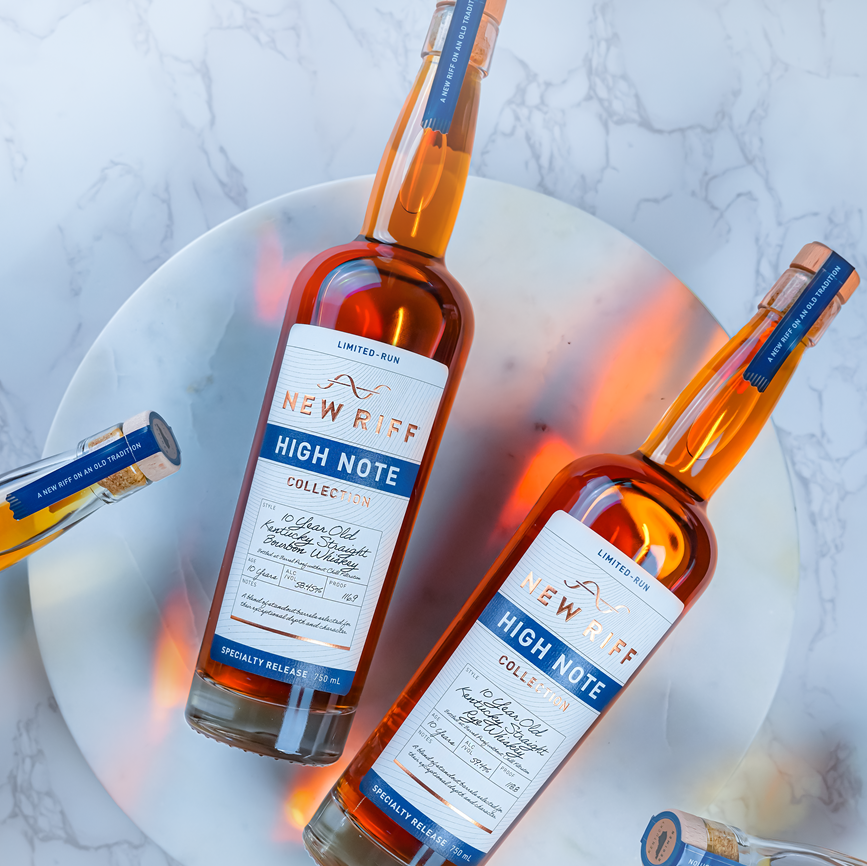 New Riff High Note 10-Year Rye and Bourbon bottles