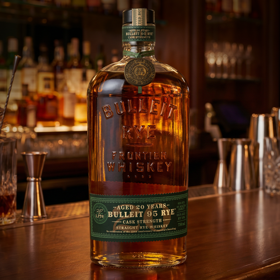 Bulleit 20 Year rye bottle on bar