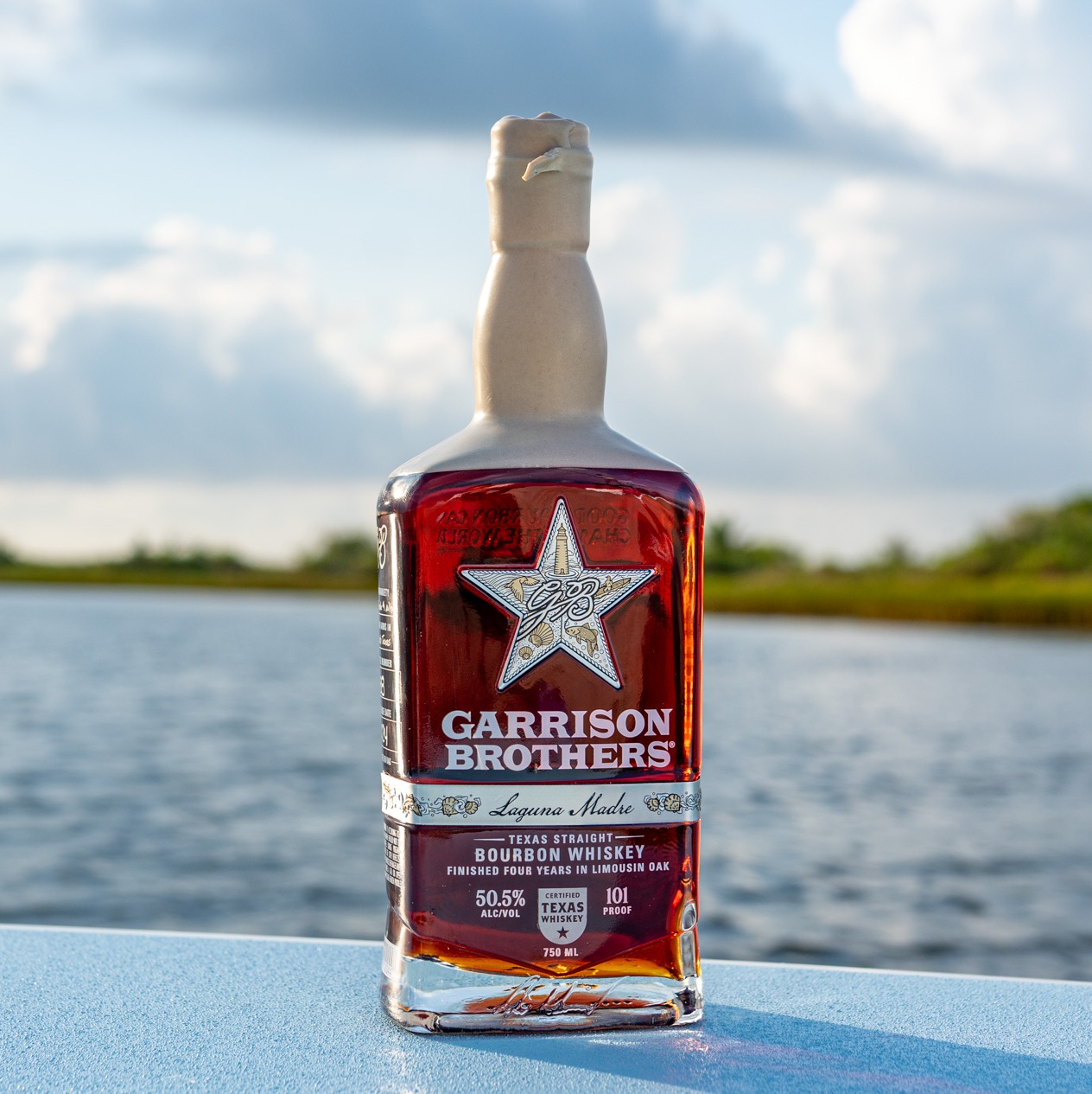 Garrison Brothers 2026 Laguna Madre bottle by lake