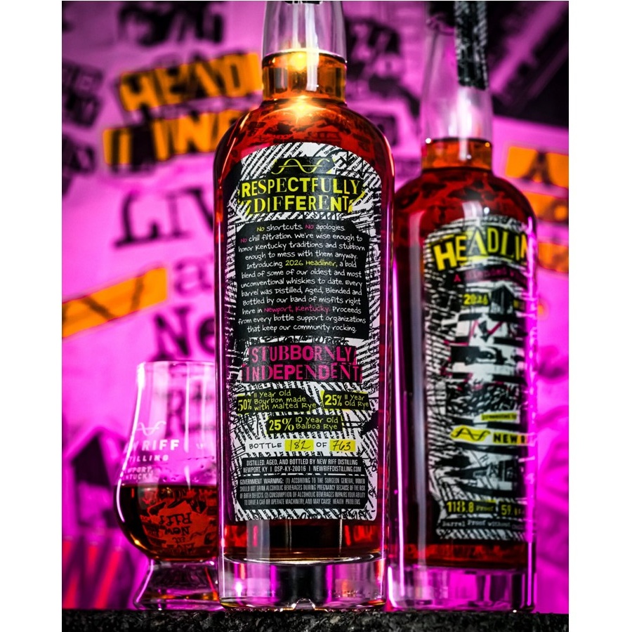 New Riff Distillery Headliner bottles and pour SQUARE
