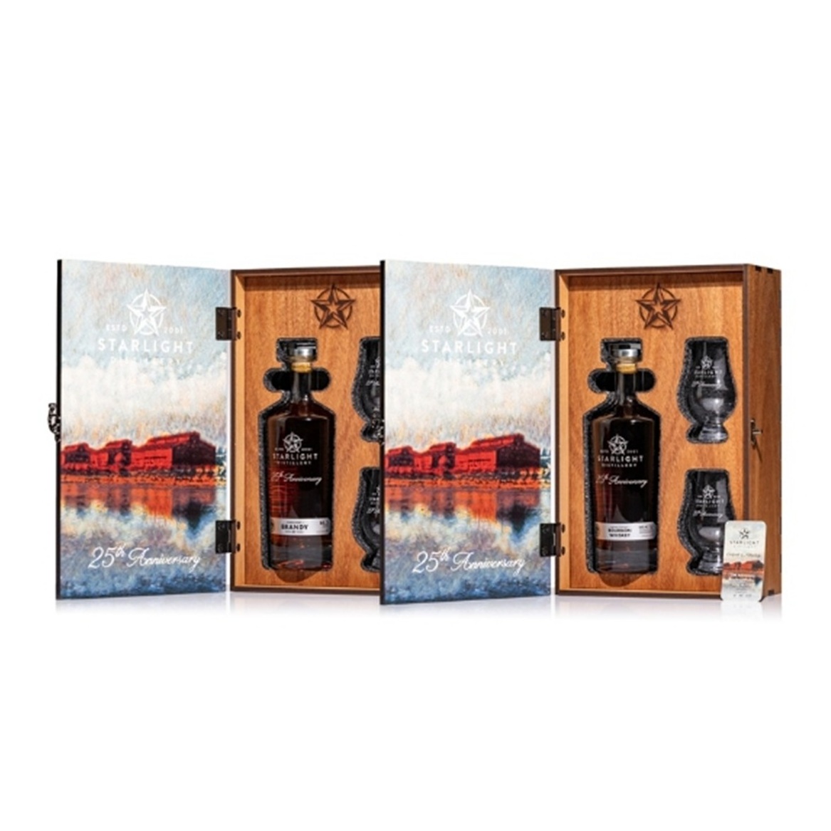 Starlight Distillery Reserve Bourbon and Reserve Brandy in boxes
