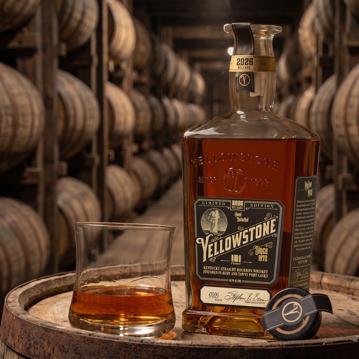 Yellowstone-Bourbon-2026-Limited-Edition-Bourbon bottle and pour in rickhouse
