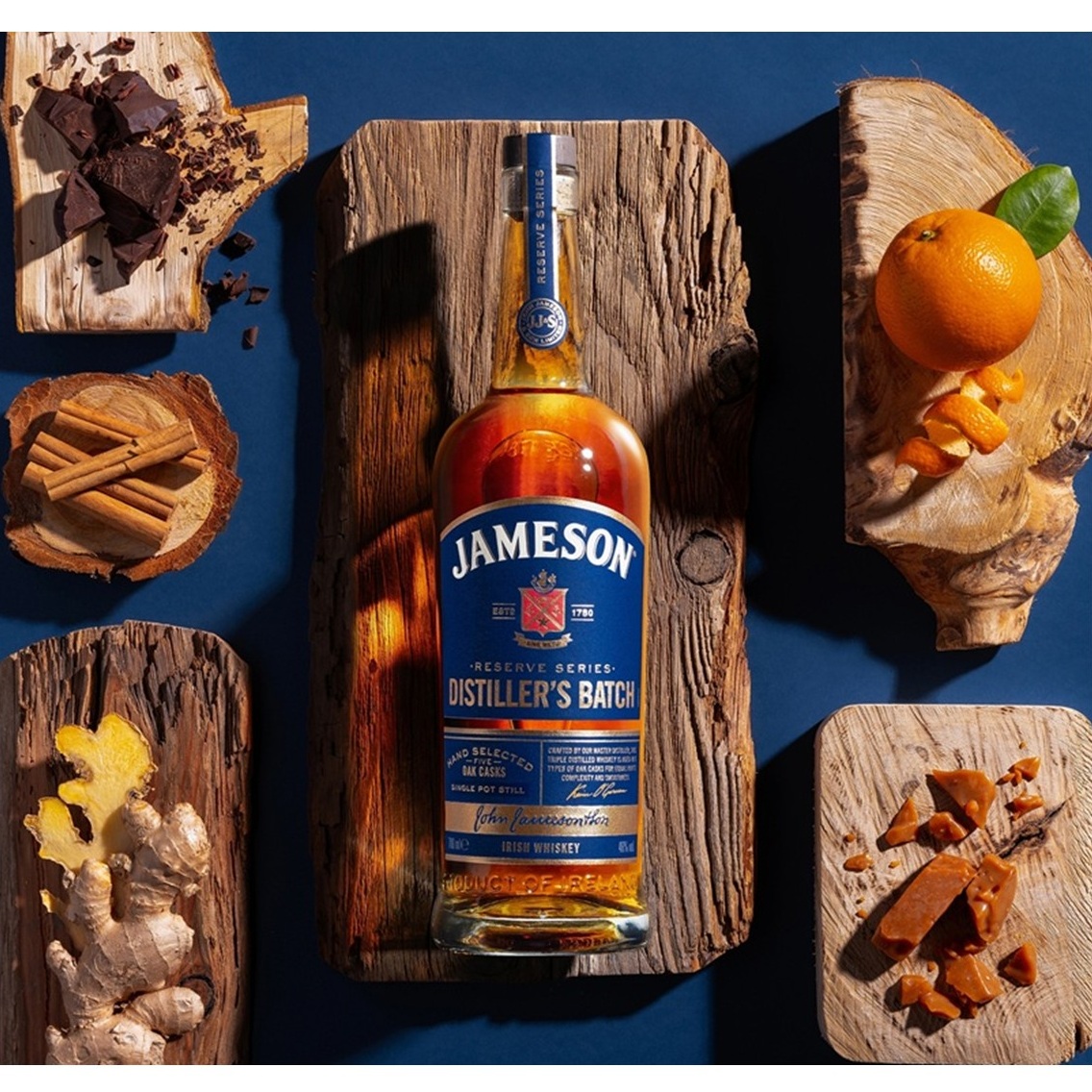 Jameson Distiller's Batch bottle with food boards