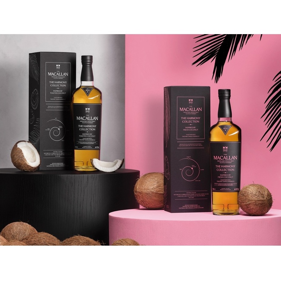 The Macallan Harmony Collection bottles boxes and coconuts