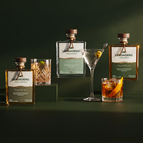 Verdadero Tequila bottles with cocktails