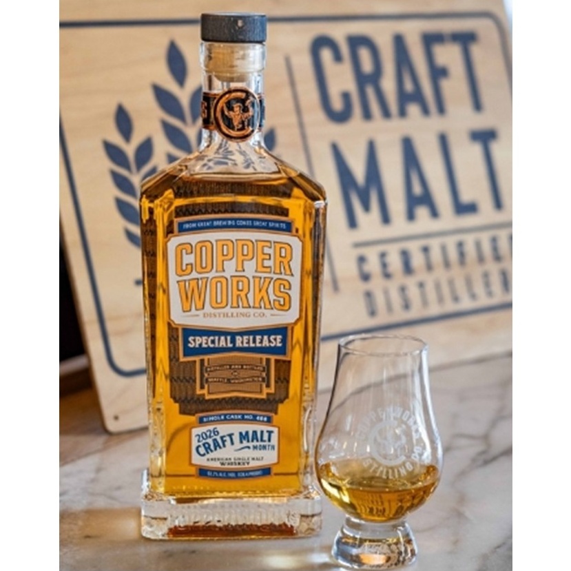 Copperworks Single Malt bottle with pour Craft Malt Month