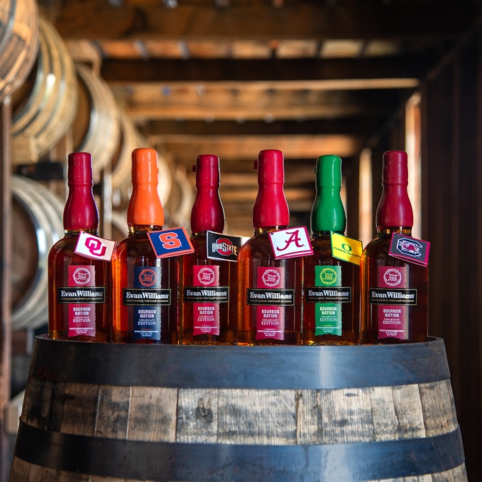 Evan Williams College Football bottles in rickhouse 2026
