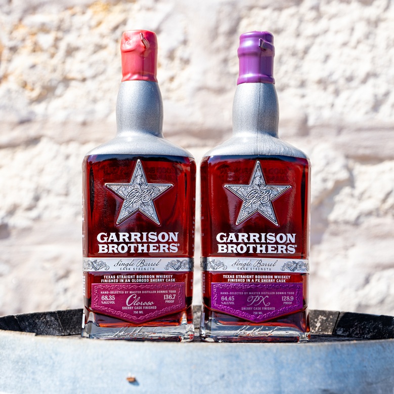 Garrison Brothers Distillery PX and Oloroso Single Barrel bottles on barrel