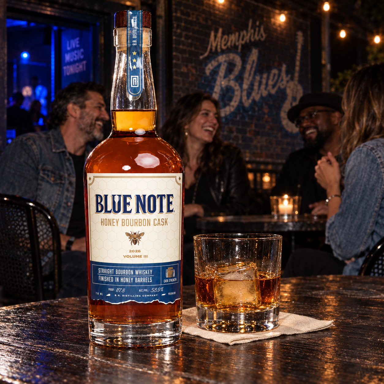HONEY BOURBON Blue Note bottle and pour