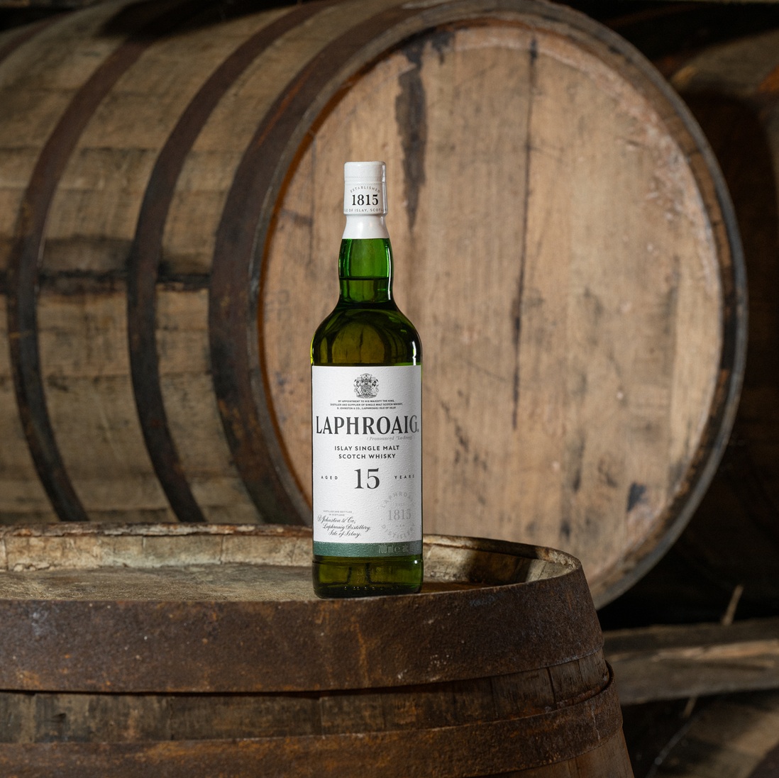 Laphroaig 15 Year bottle in rickhouse