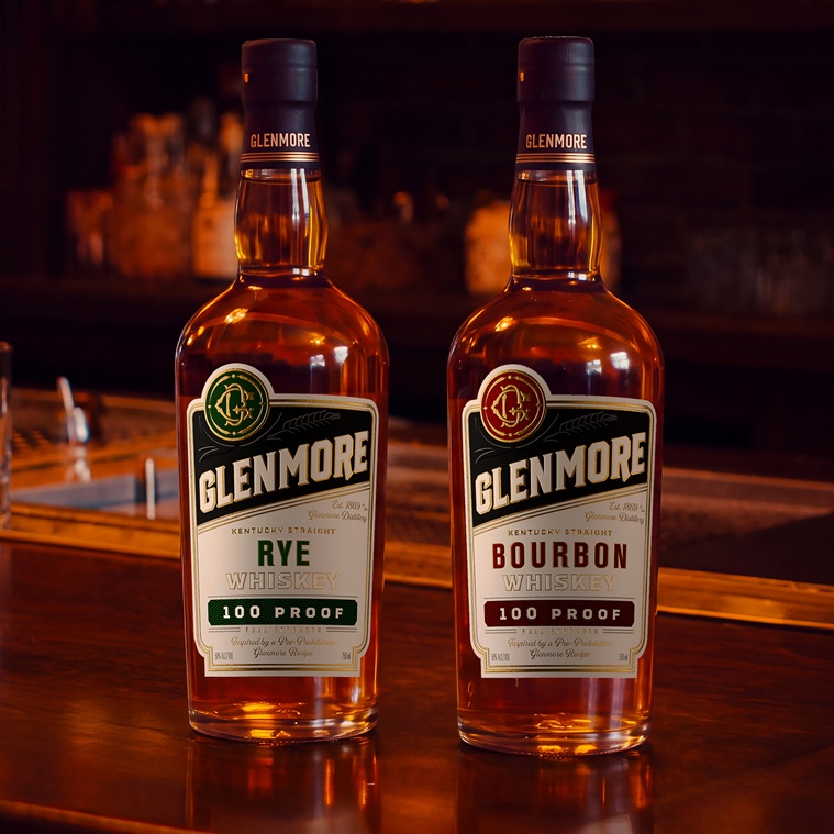 Sazerac-Glenmore-Whiskey bottles on bar