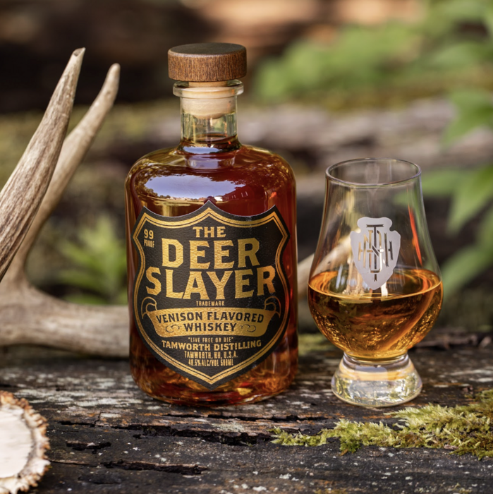 Tamworth Distilling the Deerslayer bottle with pour and antler