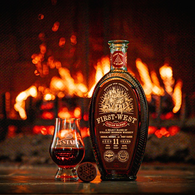 15 Stars First West Cigar Blend bottle and pour fireplace