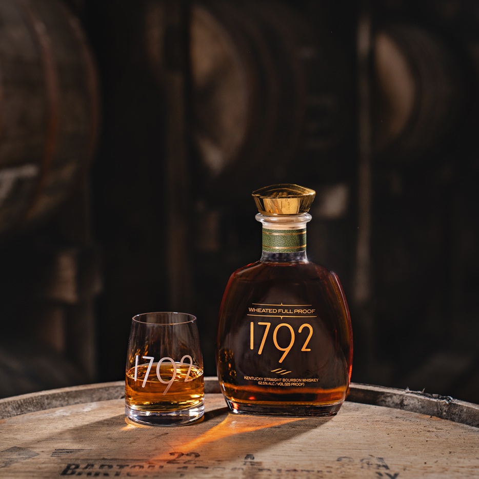 Barton 1792 Wheated Full Proof bottle and pour on barrel